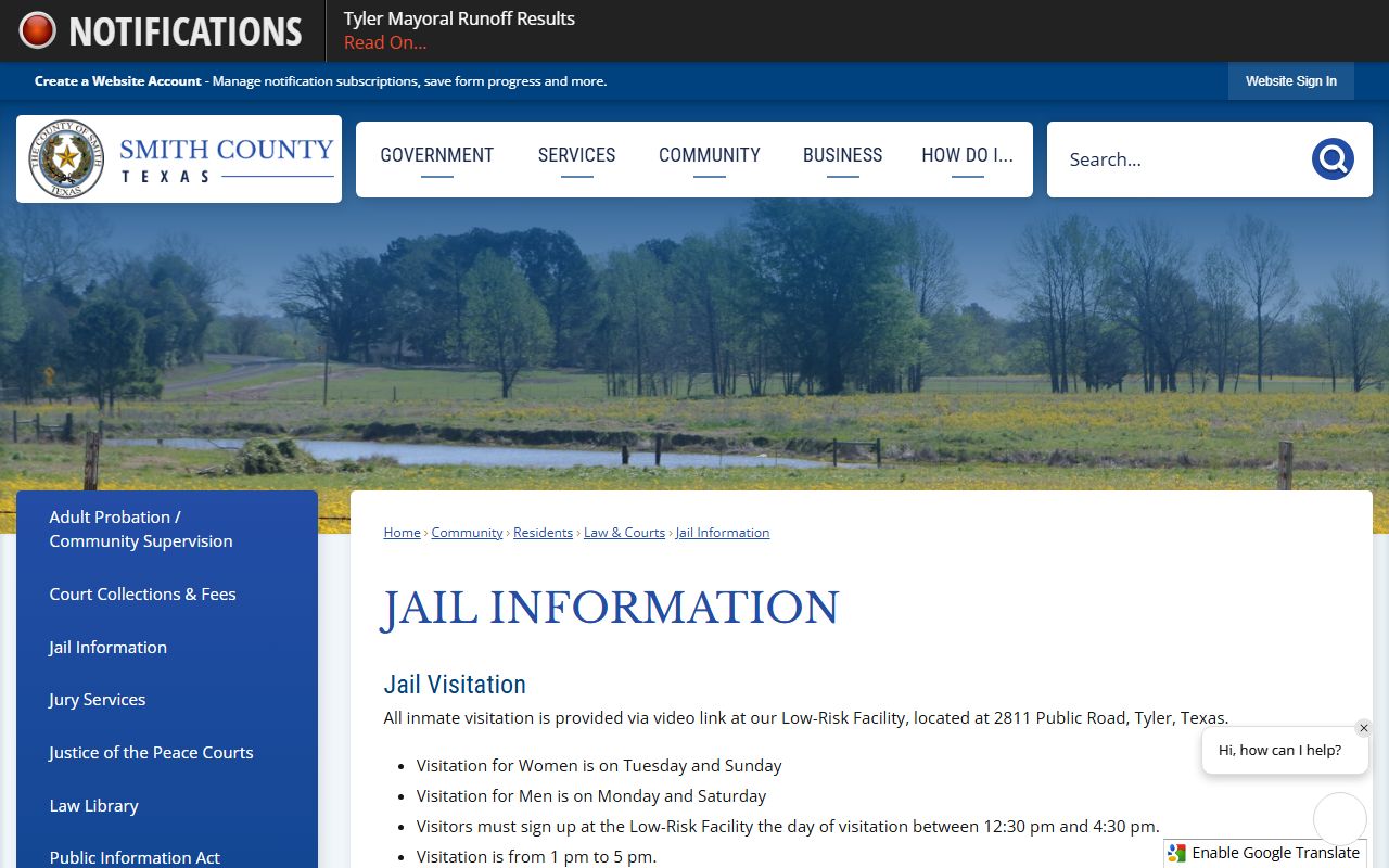 Smith County Low/Medium Risk Facility jail information and inmate visitation notes