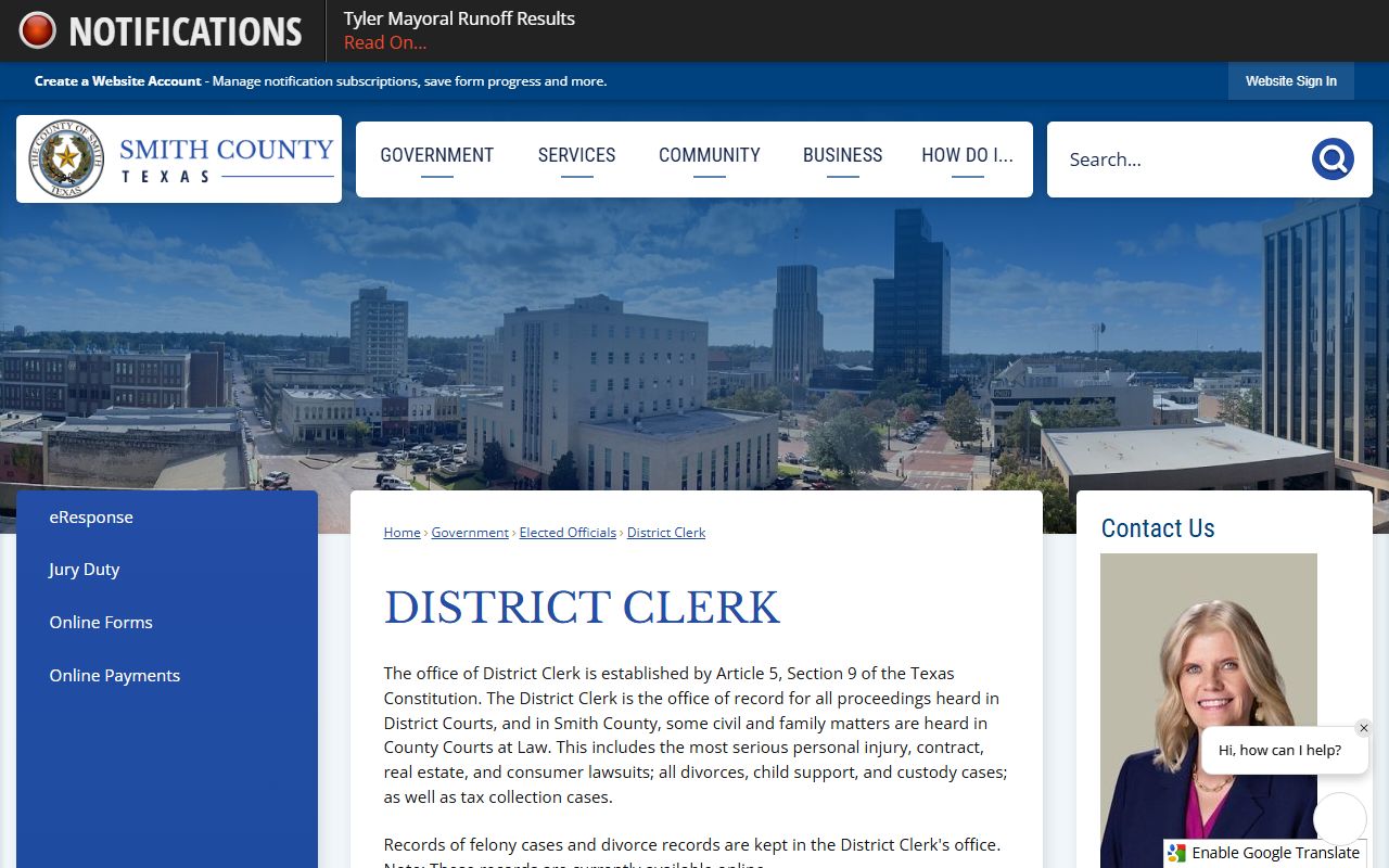 Smith County District Clerk page for felony and district court records