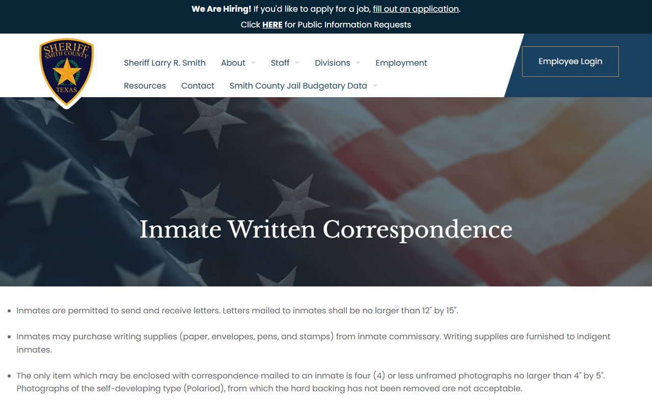 Smith County Low/Medium Risk Facility inmate mail and correspondence rules