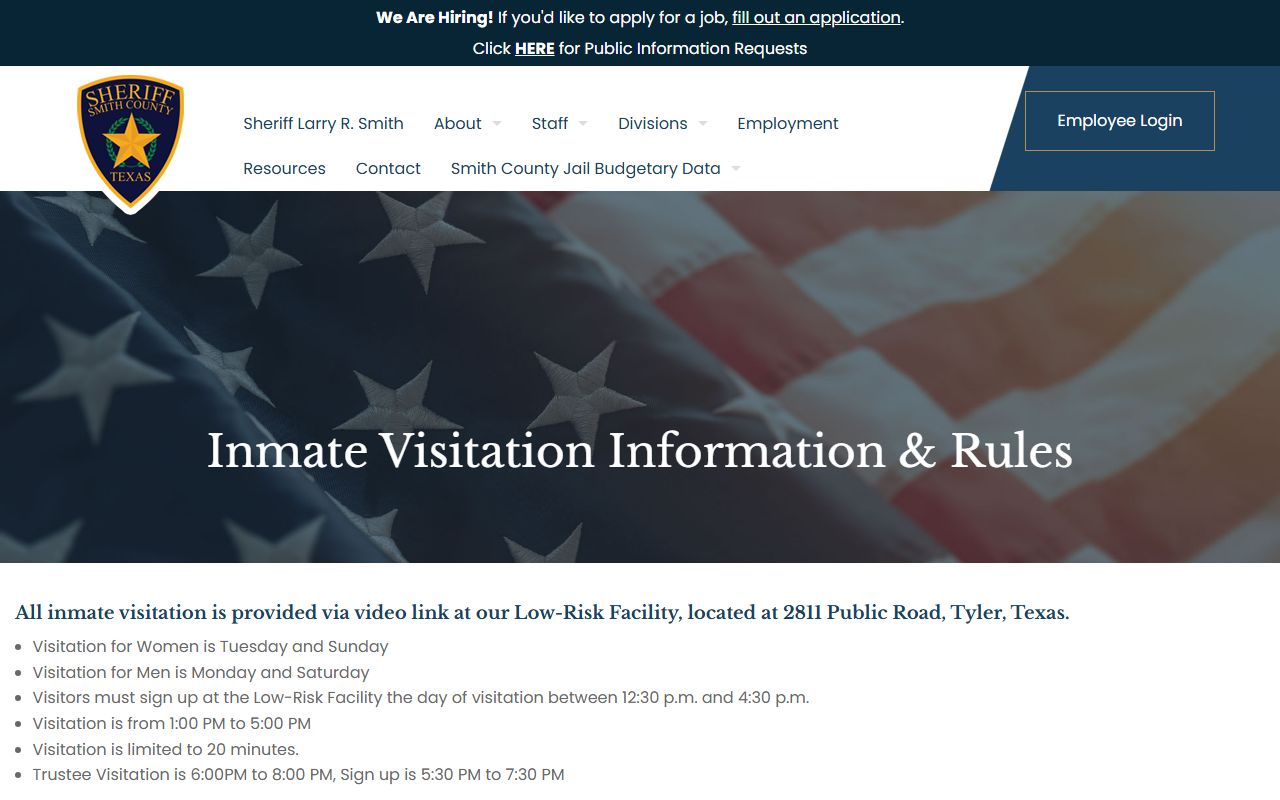 Smith County Low/Medium Risk Facility visitation schedule for inmates