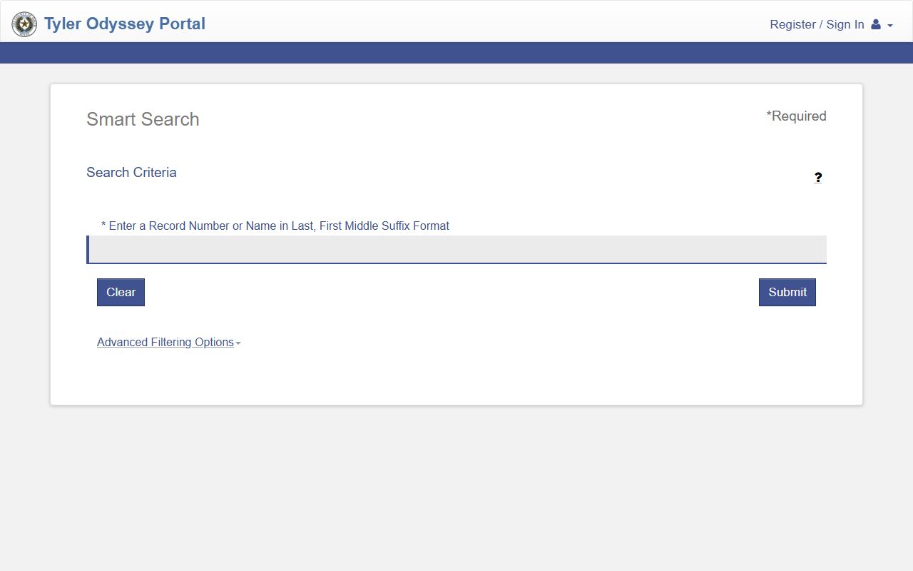 Smith County Smart Search fields for court and case records