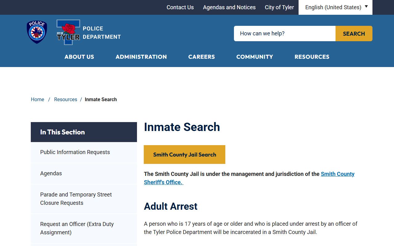 Tyler Police routing to Smith County Low/Medium Risk Facility inmate search
